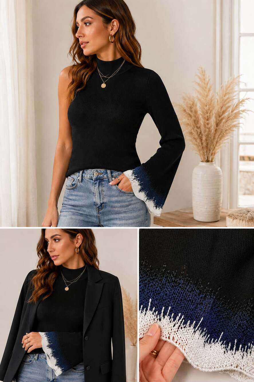 Fang NYC Small Mock Neck One-Shoulder Bell Sleeve Ribbed Knit Top